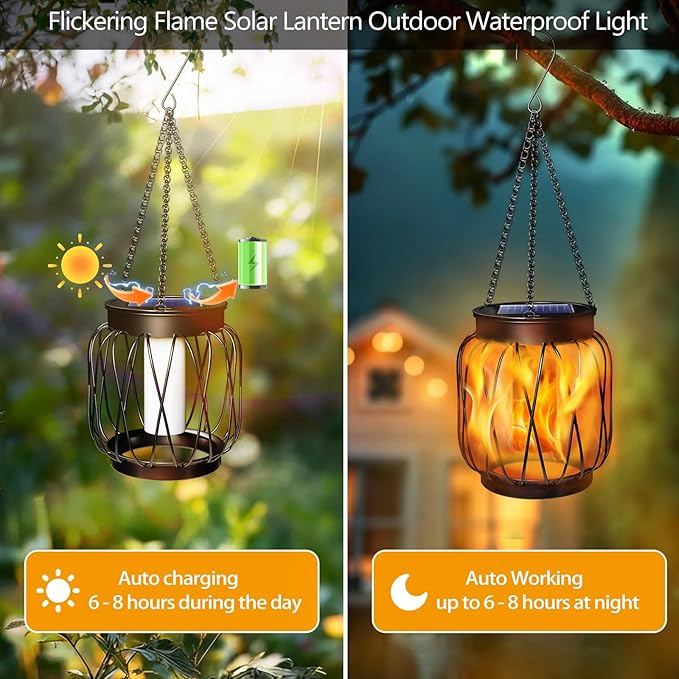 Solar Hanging Lantern Lights Outdoor Waterproof, 4 Pack Solar Flame Lantern with Hook, Metal Hanging Lanterns for Outside, Led Porch Lanterns for Patio Tree Camping Garden Decorative Lights