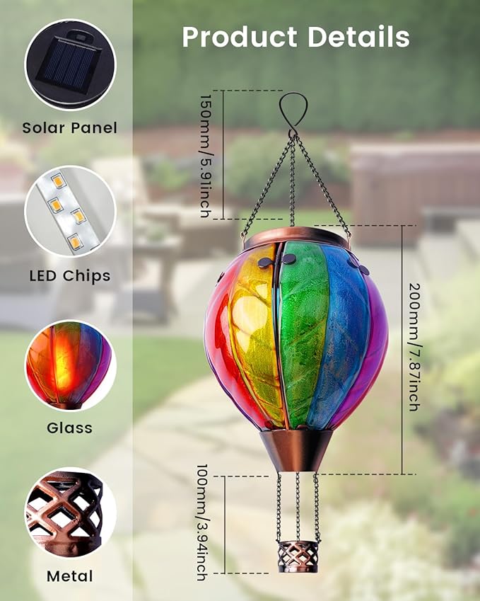 Luxvista Hot Air Balloon Solar Lantern, Rainbow Stain Glass LED Lights, Waterproof Hanging Solar Lantern with Flickering Flame Light for Yard Tree & Outdoor Garden Decor, Made of Glass, Easter Lights