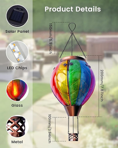 Luxvista Hot Air Balloon Solar Lantern, Rainbow Stain Glass LED Lights, Waterproof Hanging Solar Lantern with Flickering Flame Light for Yard Tree & Outdoor Garden Decor, Made of Glass, Easter Lights