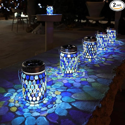 Cooo 2 Pack Mosaic Lanterns Outdoor Waterproof with 215% Larger Solar Panel, Never Rust Lids, True Capacity Battery- Solar Mason Mosaics Jar Lantern for Patio Garden Yard Balcony Christmas Decorations