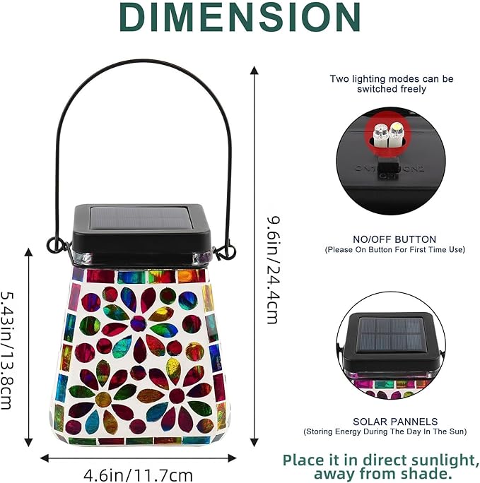 VOREEN Mosaic Glass Solar Lantern & Table Lamp, 600mAh Solar Powered Outdoor Light, Dual Modes Warm White & RGB, Waterproof IP44 Garden Patio Yard Decor, Handmade Gift for Women Mom Friends