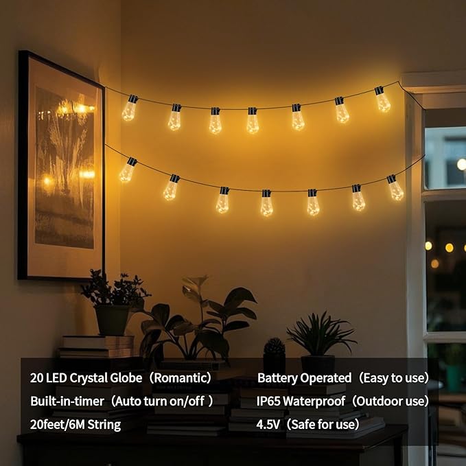 20 Hanging Bulb Battery Operated String Lights, 14FT 100 LED Vintage Bulbs Battery Outdoor Lights, Waterproof Indoor Outdoor Lights for Patio, Classroom, Home, Tent, Wedding, Party, Farmhouse Decor