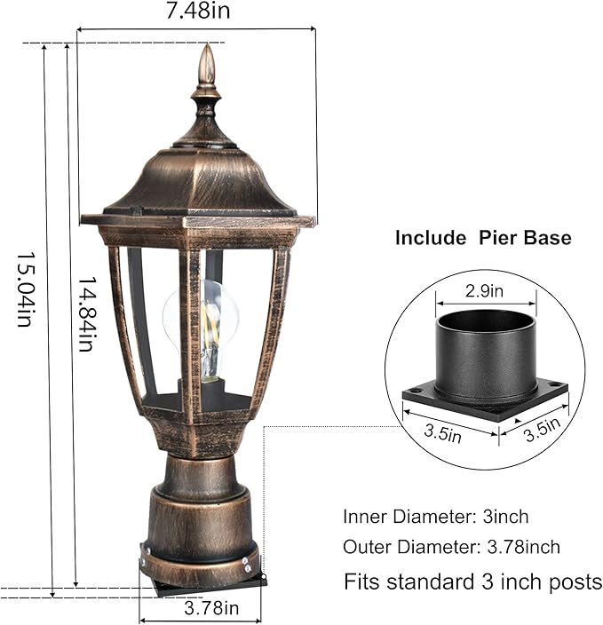 FUDESY Outdoor Post Lights, Electric Exterior Lamp Post Light Fixture with Pier Mount Base, LED Bulb Included, Anti Corrosion Plastic Materials, 2-Pack Pole Lanterns for Garden, Patio, Pathway