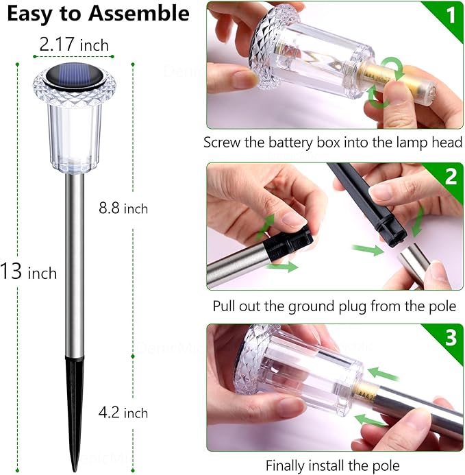 DenicMic Solar Lights Outdoor 15 Pack Waterproof 3000K Warm White LED Stainless Steel Stake Outside Lights for Yard Pathway Garden Driveway Walkway Landscape Path Lighting