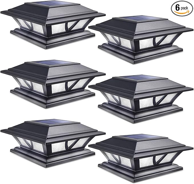 6-Pack 2-Mode Warm White Deck Post Cap Lights, Solar LED