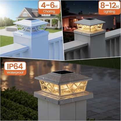 APONUO Solar Post Cap Lights 6 Pack for 4x4 5x5 6x6 Wood Vinyl Fences - Post Lights Solar Powered, IP64 Waterproof, Auto On/Off, for Deck Patio Yard (Warm & Cool White)