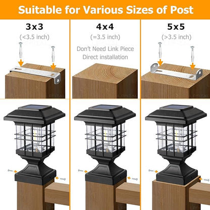 Solar Post Lights Outdoor Solar Cap Lights Deck Fence Cap for 4x4 5x5 6x6 Posts Patio Garden Courtyard Bright Decoration Fixture Waterproof Warm White Lighting Black (4Pack)
