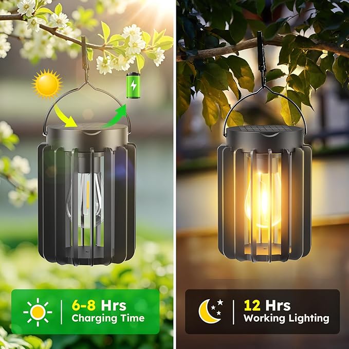Solar Lanterns Outdoor Waterproof, Brighter Up to 12 Hrs Outdoor Hanging Solar Lights, Outside Hanging Lanterns for Garden Porch Patio Yard Decor, Gifts for Women Mom Father Black 2 Pack