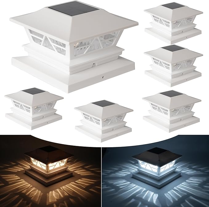 TW SHINE 6 Pack 4x4 Solar Post Cap Lights, 2 Modes White Solar Fence Lights Waterproof Warm White/Cool White for Yard, Garden, Porch Decor, for 5x5 6x6 Wood Posts