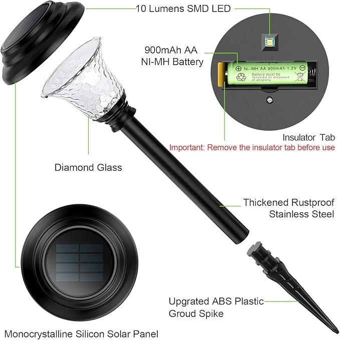 Glass Solar Lights Outdoor waterproof, 8 Pack Super Bright Solar Pathway Lights, Up to 12 Hrs Long Last Auto On/Off Garden Lights Solar Powered, Stainless Steel LED Light For Yard Landscape Cool White