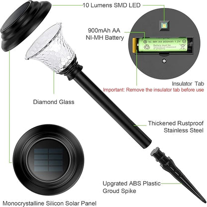 Glass Solar Lights Outdoor waterproof, 8 Pack Super Bright Solar Pathway Lights, Up to 12 Hrs Long Last Auto On/Off Garden Lights Solar Powered, Stainless Steel LED Light For Yard Landscape Cool White