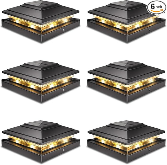 Post Caps Lights Outdoor 6pack, Waterproof Fence Post Solar Lights for 4x4 5x5 6x6 Wood/Vinyl Posts, Black Solar Deck Post Lights with 2 Color Modes Decorate Garden Patio Porch Backyard