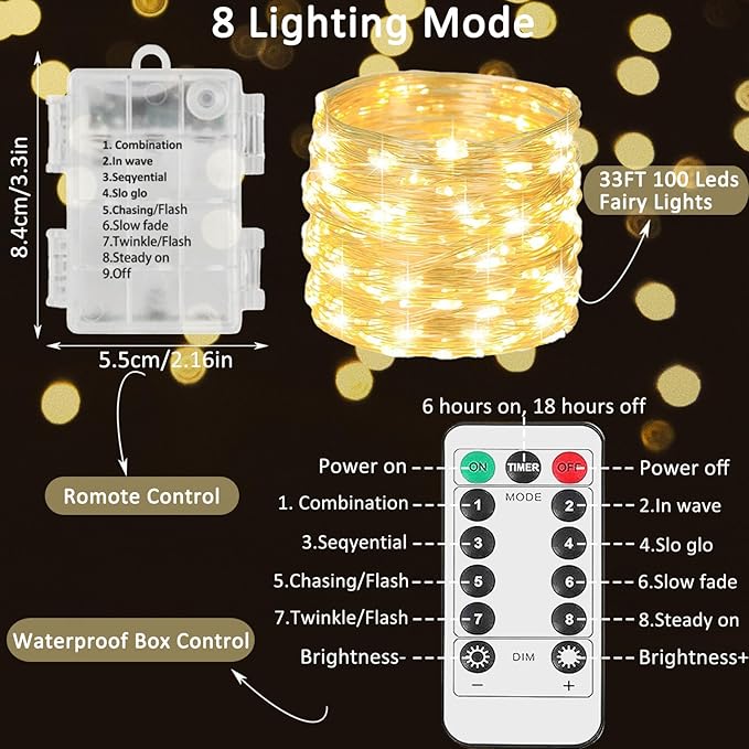 16-Pack 33ft Christmas LED String Lights, Waterproof Timer Lights
