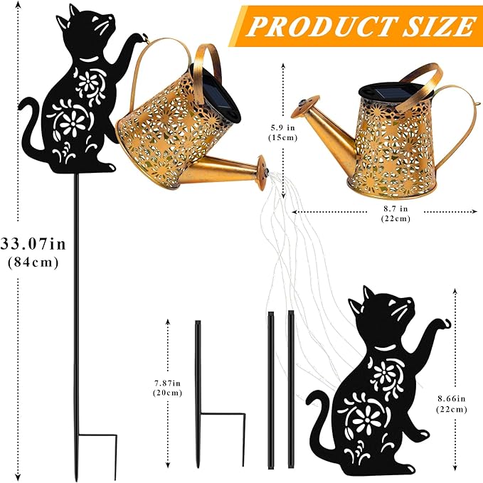 Christmas Gifts Solar Lights Outdoor Decorative, Watering Can with Cascading Lights, with Cat Silhouette Garden Stakes, Waterproof Metal Garden Decor for Yard Art, Outside, Patio, Lawn 2PACK