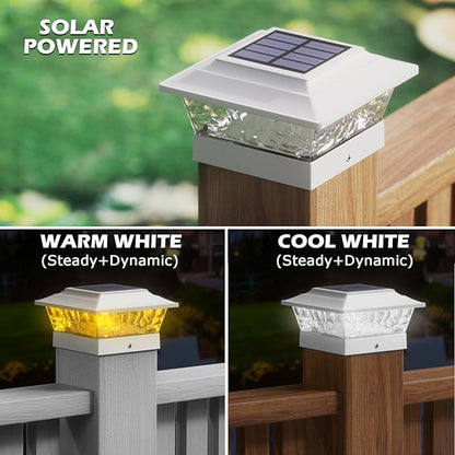 SIEDiNLAR Solar Post Lights Outdoor 12 LEDs 4 Modes Post Cap Light for 4x4 5x5 6x6 Wooden Vinyl Fence Deck Posts Garden Patio Decor, Warm/Cool White Dynamic Lighting (1 Pack, White)