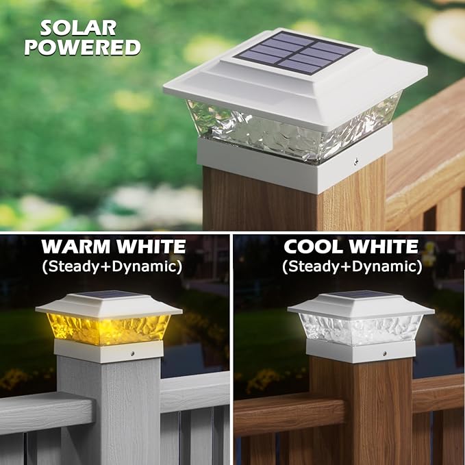 SIEDiNLAR Solar Post Lights Outdoor 12 LEDs 4 Modes Post Cap Light for 4x4 5x5 6x6 Wooden Vinyl Fence Deck Posts Patio Garden Decor, Warm/Cool White Dynamic Lighting (2 Pack, White)