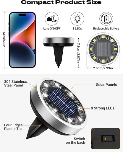 btfarm 6 Pack Solar Lights Outdoor, 8 LED Solar Ground Lights IP65 Waterproof Flat Solar Disc Light, Pathway Lights for Garden Lawn Patio Yard Path Landscape, Cool White