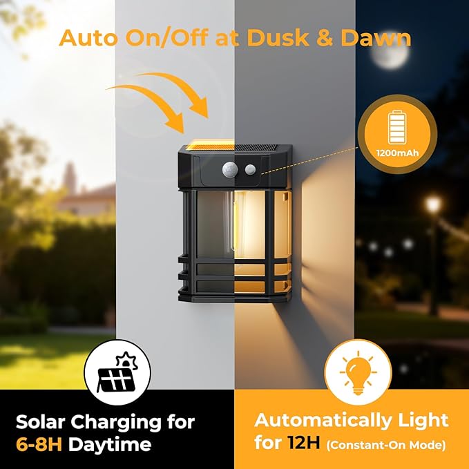 btfarm 2 Pack Solar Wall Lights Outdoor,3 Modes Motion Sensor Lights Dusk to Dawn, IP65 Waterproof Porch Light Solar Powered, 1200mAh Wireless Wall Mount Sconces for Outside Patio, Garage, Yard
