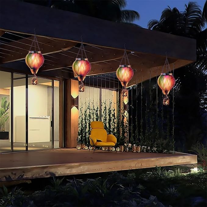 Larekook Rainbow Solar Hot Air Balloon Lantern with Flickering Flame Light,Glass Outdoor Garden Decor,Hot Air Balloon Solar Lantern Outdoor Waterproof Hanging Light for Yard Patio Porch Lawn