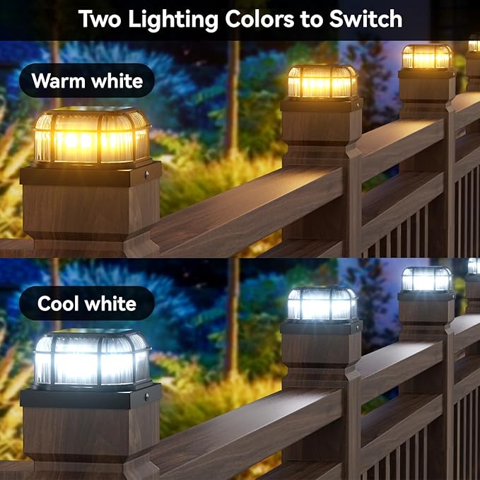 Solar Post Light 12 Packs with 4x4, 5x5 and 6x6 Inches Base for Vinyl/Wooden Posts, Bright 16 LEDs Solar Cap Lights with Two Light Modes for Decorating Deck, Patio, Porch, Fence (Black)