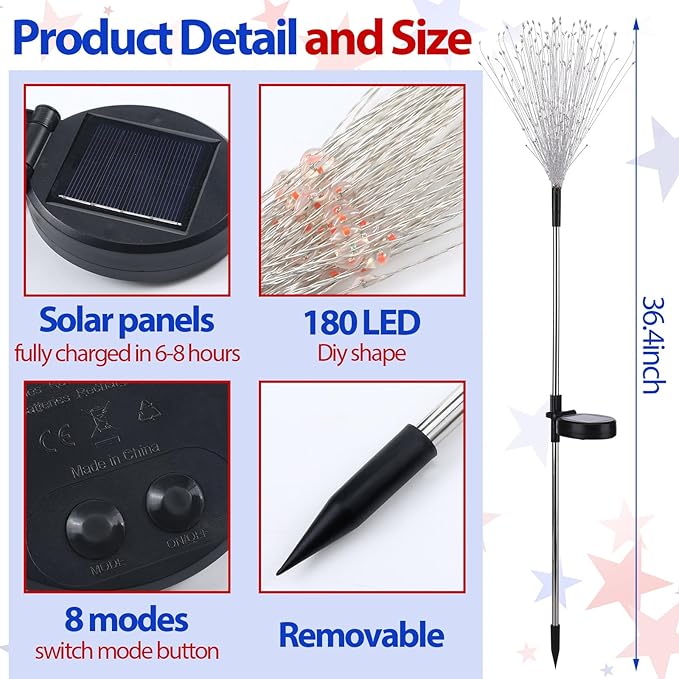 8 Pcs 4th of July Solar Firework Stake Lights 180 LED 8 Modes Solar Waterproof LED Sparkler Lights Outdoor Patriotic Decoration for Garden Patio Yard Pathway Walkway Lawn (Red White Blue)