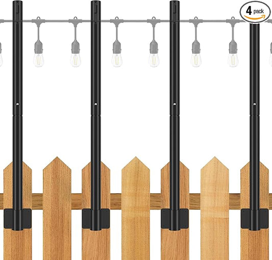 Suchtale 4 Pack 2.8 FT Outdoor String Light Poles, Suspension Fence Post Extender with Clip and Bracket, Deck String Lights Hangers, Wall Mounting Stand for Patio Garden Christmas Wedding Party,Black