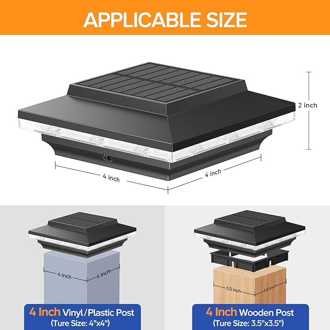 4x4 Solar Post Cap Lights Upgraded, Brighter and Extended Beam to Light Post Fence Deck with Warm/White Lights, Waterproof Outdoor Posts Solar Light for Posts 6 Pack(Black)