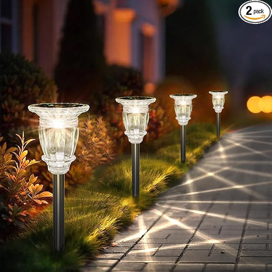 Solar Pathway Lights Outdoor 2 Pack, 3 Lighting Modes Glass and Stainless Steel White Solar Garden lights, 17.3" LED Waterproof & Solar Powered outdoor lights, Walkway Light, for Driveway Lawns Yard