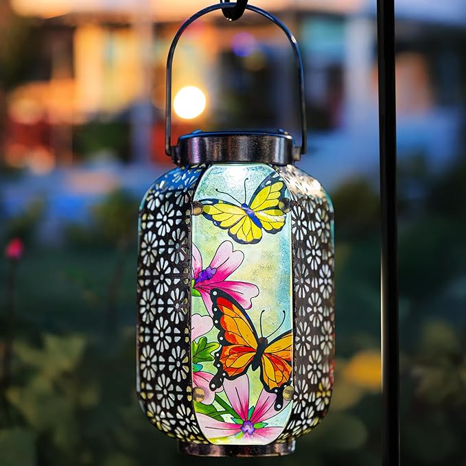 Solar Butterflies Lantern Outdoor Hanging Garden Decor – Waterproof Metal & Stained Glass Light with Handle Decorative Retro Yard Art for Patio, Porch, Table, Pathway – Gardening Gift for Mom & Women