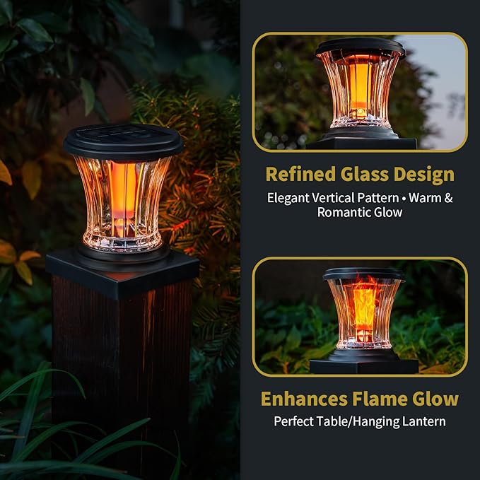 Glass Solar Flame Post Cap Lights Outdoor Waterproof, Flickering Flame Solar Powered Fence Post Lights with Modular Design, Auto On/Off for Deck, Patio, Garden, 4x4 Vinyl/Wood Posts (4 Pack)