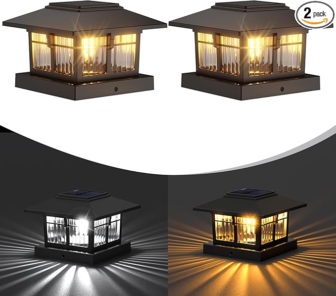 EXCMARK 2 Pack 4x4 Solar Post Cap Lights, Fence Deck Post Lights Outdoor Solar Powered Waterproof with Two Light Modes Warm&Cool White for Garden Patio Decor. (Classic Black,2)