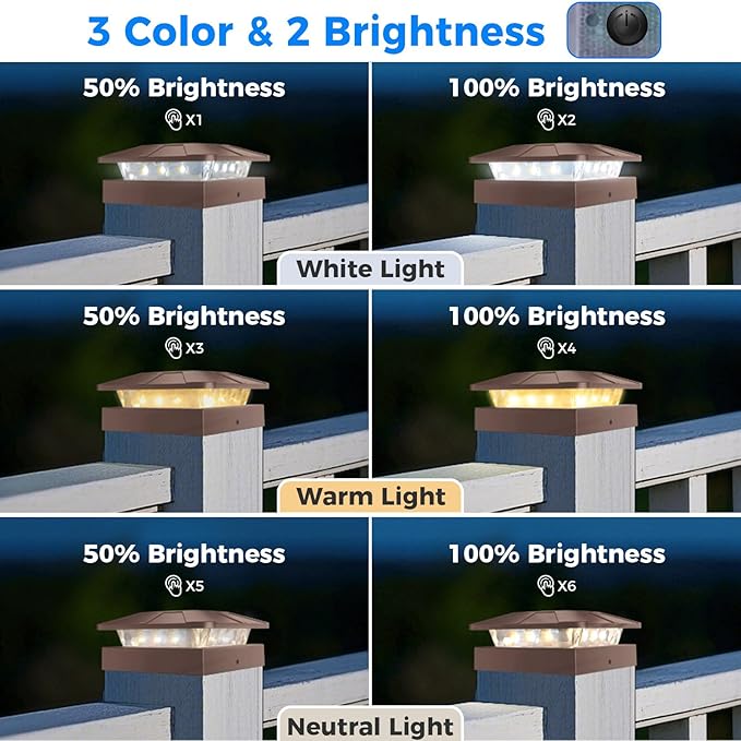 Peasur 4x4 Solar Post Cap Lights Outdoor with 3 Modes, 2 Packs Brown Fence Light Solar Powered Waterproof for 4x4 3.5x3.5 Wood/Vinyl Posts for Deck Yard Garden Patio Outside