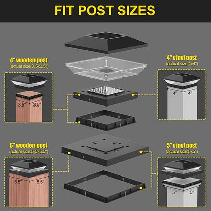T-SUN Solar Post Cap Lights Outdoor 6 Pack, 2 Modes LED Fence Post Solar Lights Fit for 4x4 5x5 6x6 Vinyl/Wooden Posts, Waterproof Deck Post Lights Solar Powered for Garden Patio Gate Porch