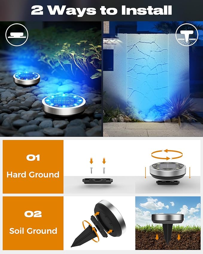 btfarm 4 Pack Solar Lights Outdoor, 8 LED Solar Ground Lights IP65 Waterproof Flat Solar Disc Light, Pathway Lights for Garden Lawn Patio Yard Path Landscape, Blue