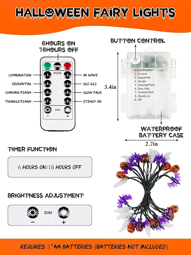 Halloween LED String Lights, Waterproof Timer Lights