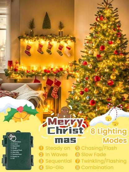 2 Pack Battery Operated Christmas Lights with Timer, 66FT 200 LED Waterproof Battery Twinkle Light, 8 Modes Green Wire Fairy Lights for Indoor & Outdoor Bedroom Tree Christmas Decorations (Warm White)