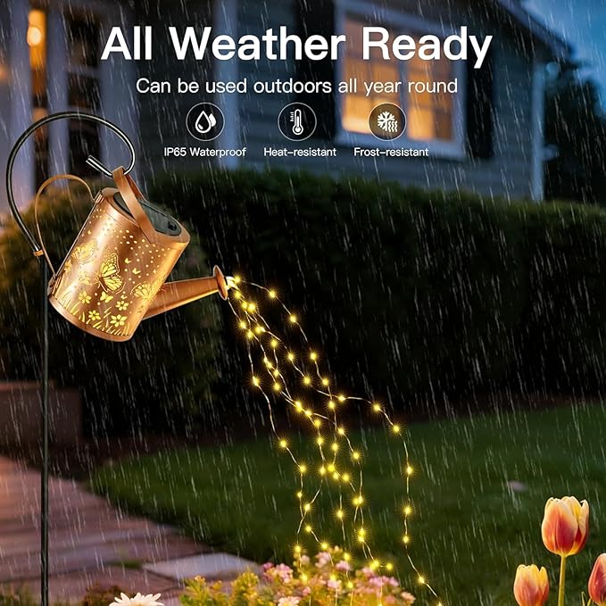 Ollny Solar Watering Can with Cascading Lights Outdoor Garden Decor, Birthday Gifts for Mom Grandma Women, IP65 Waterproof 2 Lighting Modes Hanging Lanterns for Yard Patio Lawn (Butterfly)