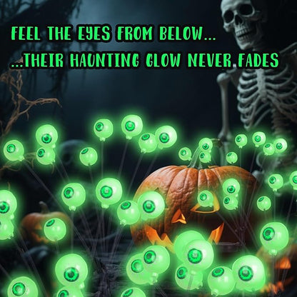 Solar Halloween Decorations Pathway Lights, 2 Packs 16 LED Green Halloween Eyeballs Waterproof Light, Swaying Scary Eye Firefly Outdoor Solar Lights for Yard Garden Lawn Path