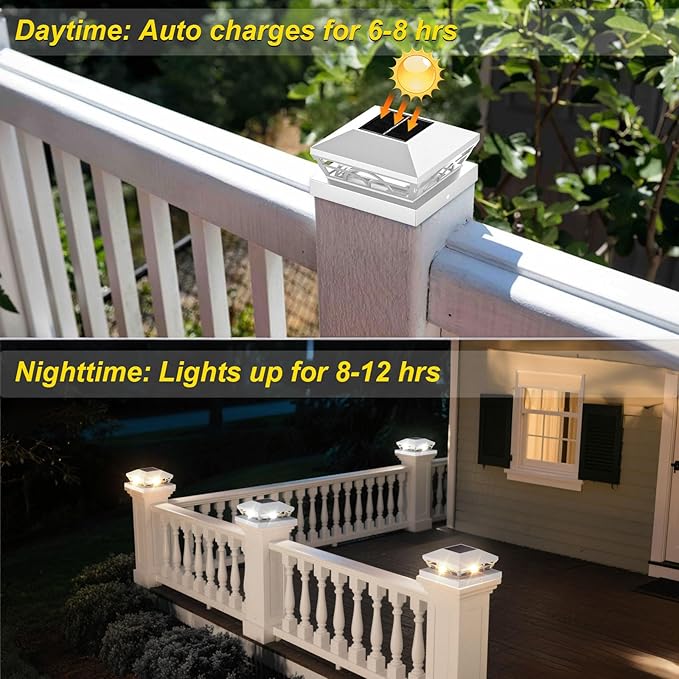 T-SUN Solar Post Cap Lights 12 Pack – Outdoor Waterproof Fence Lights for 3.5x3.5 4x4 5x5 5.5x5.5 Wood/Vinyl Posts, with 2 Brightness Modes Solar Deck Light for Patio, Garden, Porch(White)