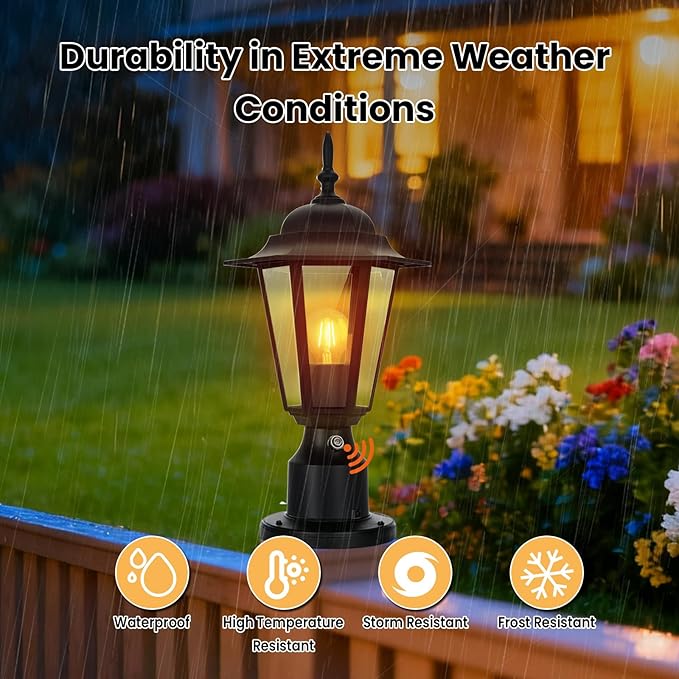 15" Dusk to Dawn Outdoor Post Light, Modern Black Outdoor Lamp Post Light Fixture, Lamp Posts Exterior Lighting Pole Lantern for Outside Porch Garage Street, Waterproof Aluminum & Glass, 1 Pack, E26