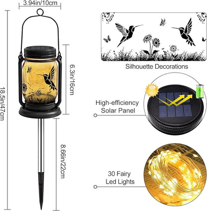 Hummingbird Solar Lanterns 3-in-1 Outdoor Waterproof - Birthday Gifts for Women Mom Christmas, Mason Jar Hanging Lanterns with Stake, Garden Decor Lights for Patio Yard Balcony Decorations, 2 Pack