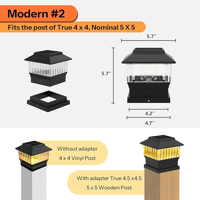 Single Solar Post Cap Light - Modern #2: Fits True 4x4 Vinyl & 5x5 Wood Posts, 3 Color Temp, 50 Lumen, Waterproof Outdoor Lights for Deck Fence, Matte Black