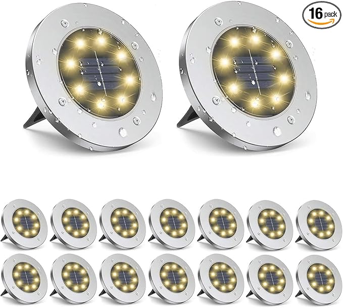 16-Pack Warm White In-Ground Solar Lights, Flat LED Landscape