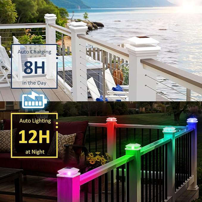 T-SUN Solar Post Cap Lights with Auto-Change Colors- for Wooden (4x4/6x6) & Vinyl (4x4/5x5) Posts | Weatherproof Outdoor Solar Fence Post Lights for Deck, Porch, Garden & Stairs(18-Pack,RGB)