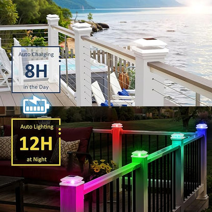 T-SUN Solar Post Cap Lights with Auto-Change Colors- for Wooden (4x4/6x6) & Vinyl (4x4/5x5) Posts | Weatherproof Outdoor Solar Fence Post Lights for Deck, Porch, Garden & Stairs(6-Pack,RGB)