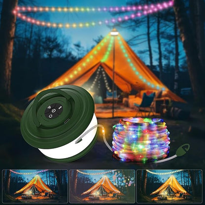 Camping String Lights, 3 in 1 Upgraded Retractable RGB Outdoor String Lights with 19 Lighting Modes, Quick 30s Recovery, 32.8 FT Portable Tent Lights, Rechargeable Camping Lantern (Green)