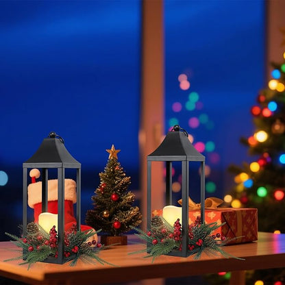 Christmas Lantern 16.2" Metal Outdoor Large Christmas Lanterns with LED Flameless Candle Hanging Lantern, Decorative Hanging Lanterns for Xmas Table Centerpieces, Front Porch, Indoor, Black