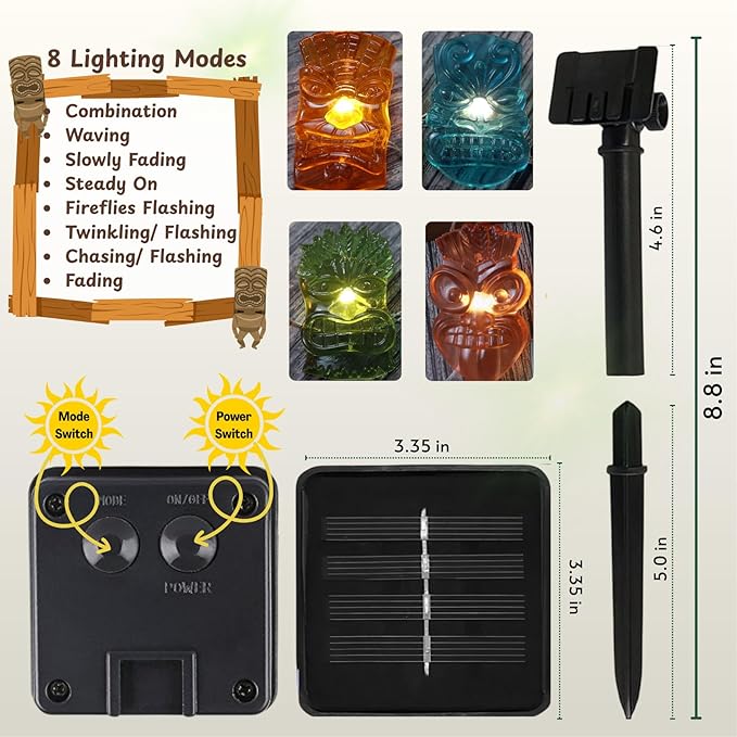 Bartlett Solar Tiki Mask Lights Outdoor 40LED 14FT, Waterproof Tropical String Lights for Garden Patio Porch Yard Pathway Fence, Solar Powered Hawaiian Luau Party Decorations Night Ambient Lighting