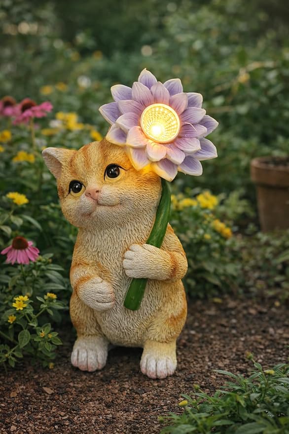 Solar Cat Garden Statue with LED Flower for Mom Woman – 6.5‘’ Hand-Painted Resin Outdoor Kitten Figurine, Automatic Night Light, Yard Patio Lawn Decor (Kitten)