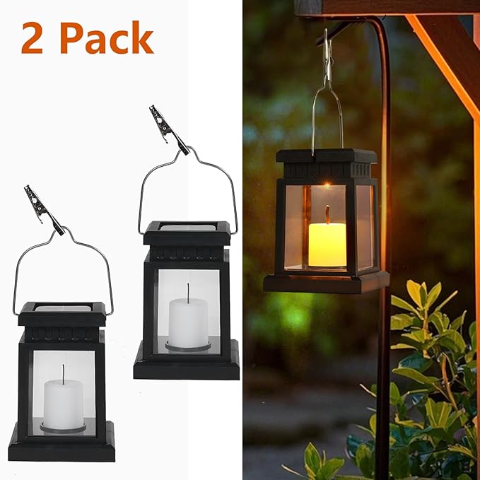 Small Solar Lanterns Outdoor Waterproof, Hanging Candles Solar Lights Garden Decor for Outside, Gifts for Women Mom, Flickering Flameless Candle Lights for Table,Outdoor Decorative 2P